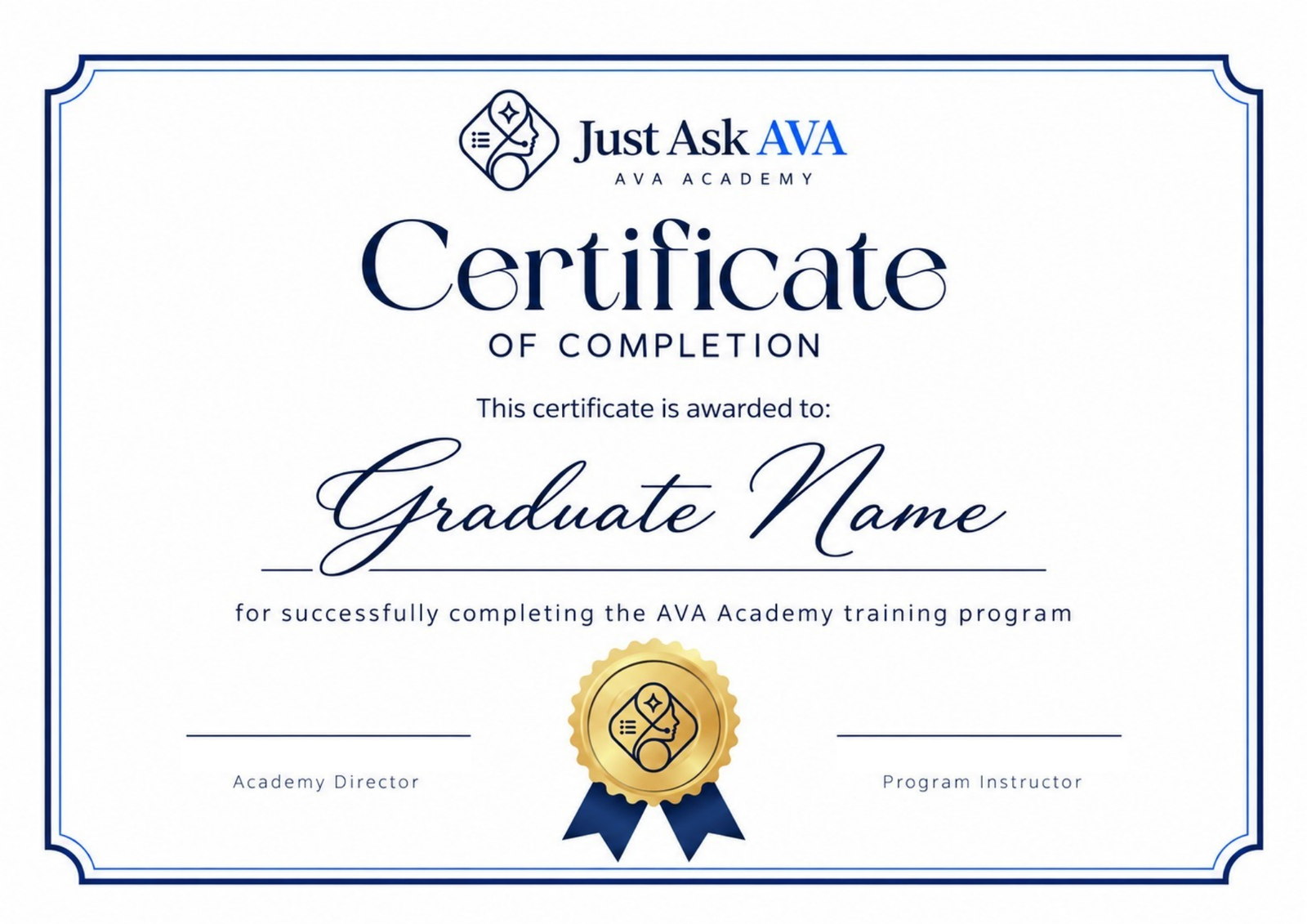 Just Ask AVA Academy certificate of completion